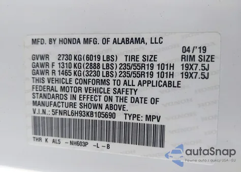 2019 Honda Odyssey Elite z USA, uszkodzony, nr VIN 5FNRL6H93KB105690